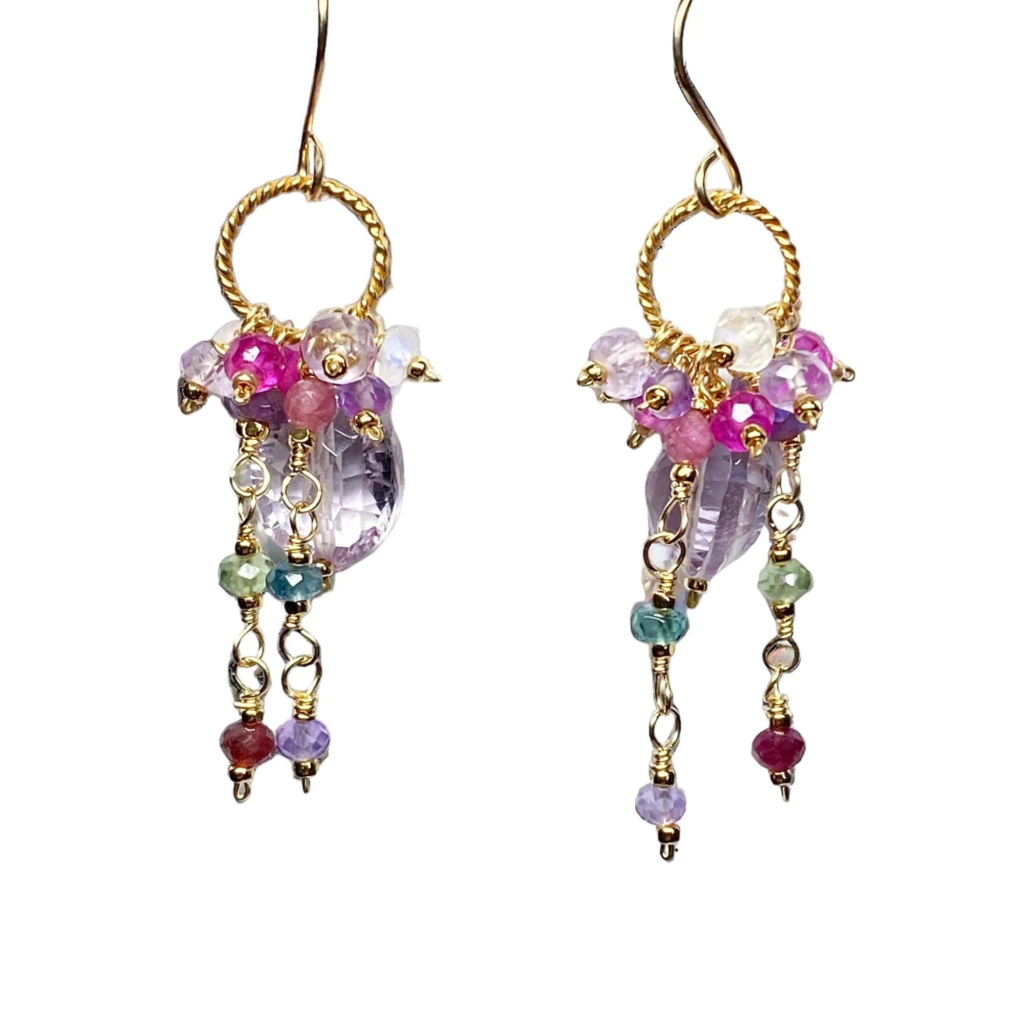 Pink Amethyst, Pink Quartz and Colorful Gem Dangle Earrings Gold Fill