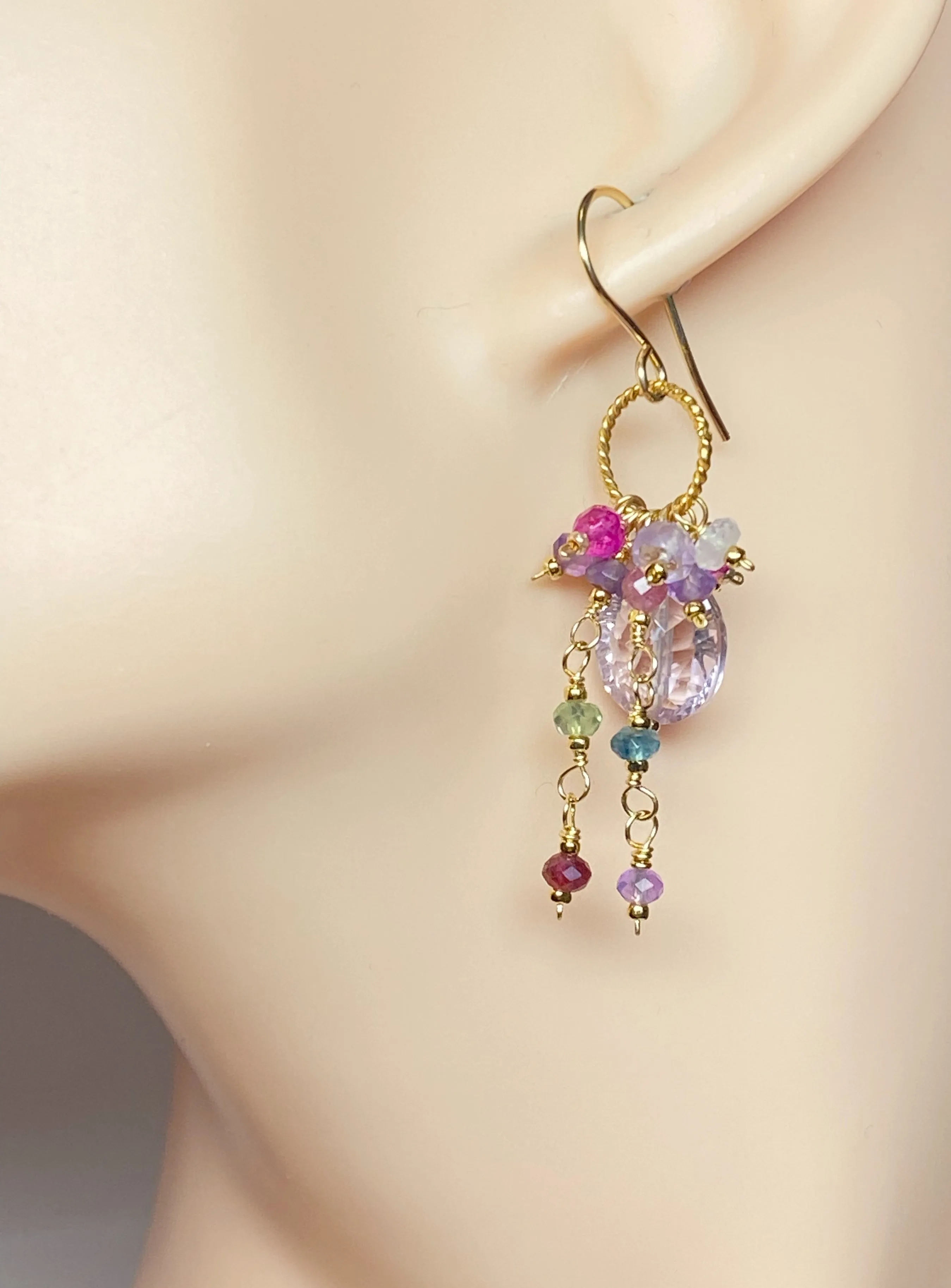 Pink Amethyst, Pink Quartz and Colorful Gem Dangle Earrings Gold Fill