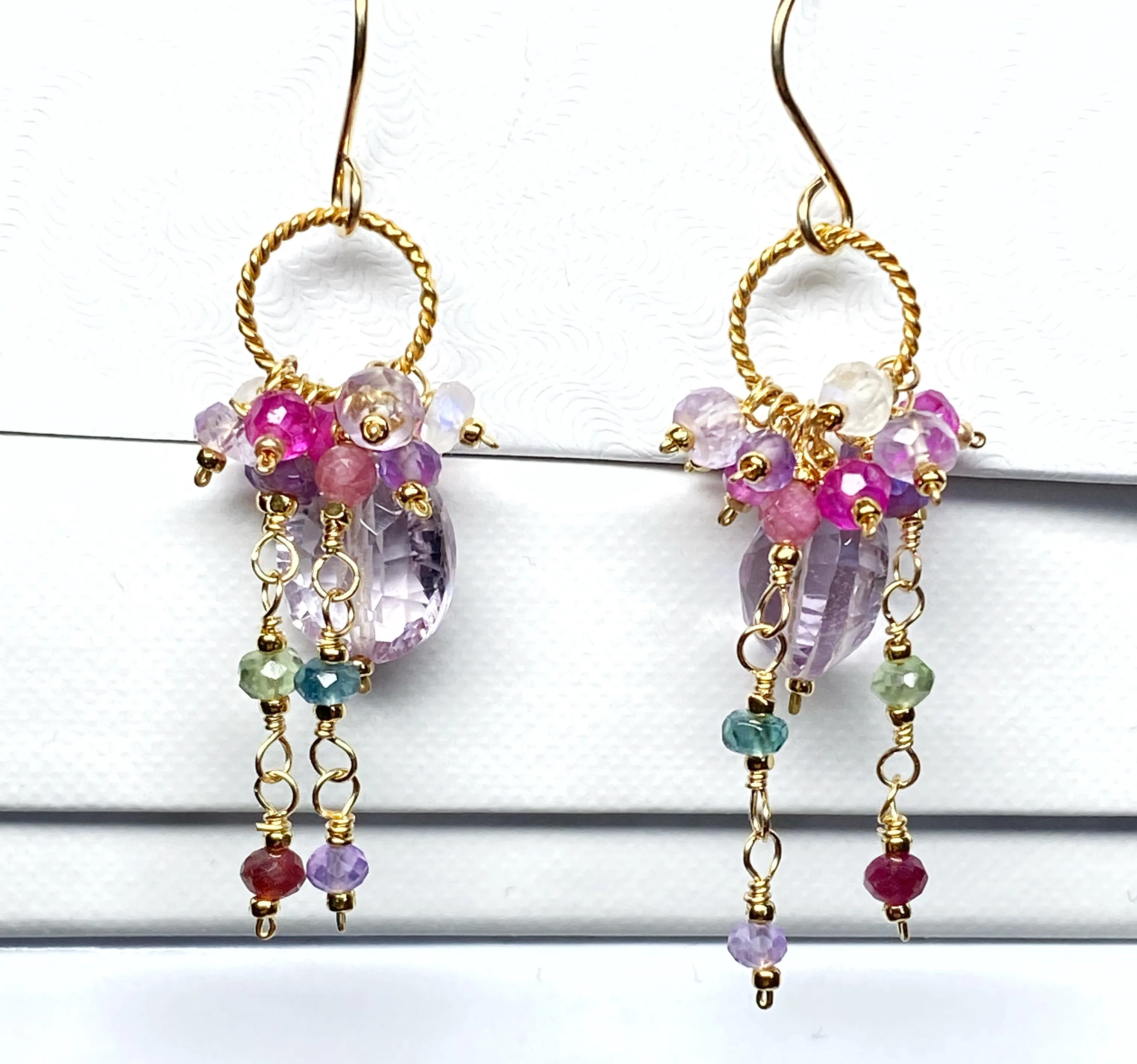 Pink Amethyst, Pink Quartz and Colorful Gem Dangle Earrings Gold Fill