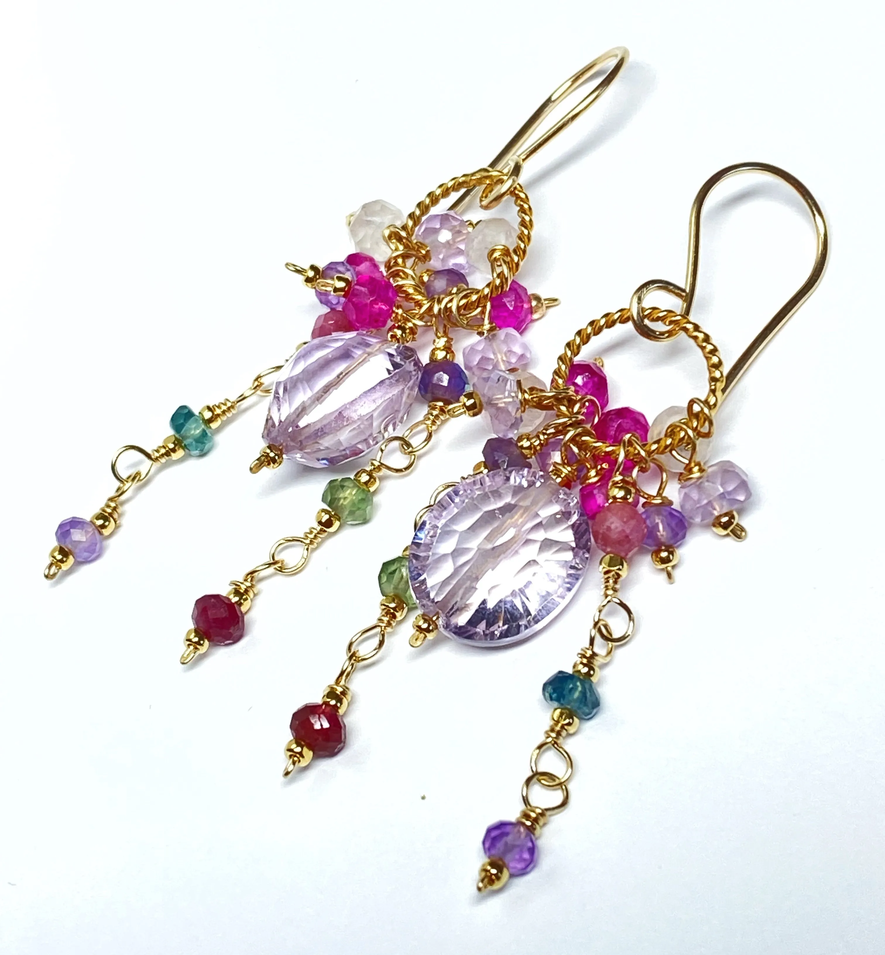 Pink Amethyst, Pink Quartz and Colorful Gem Dangle Earrings Gold Fill