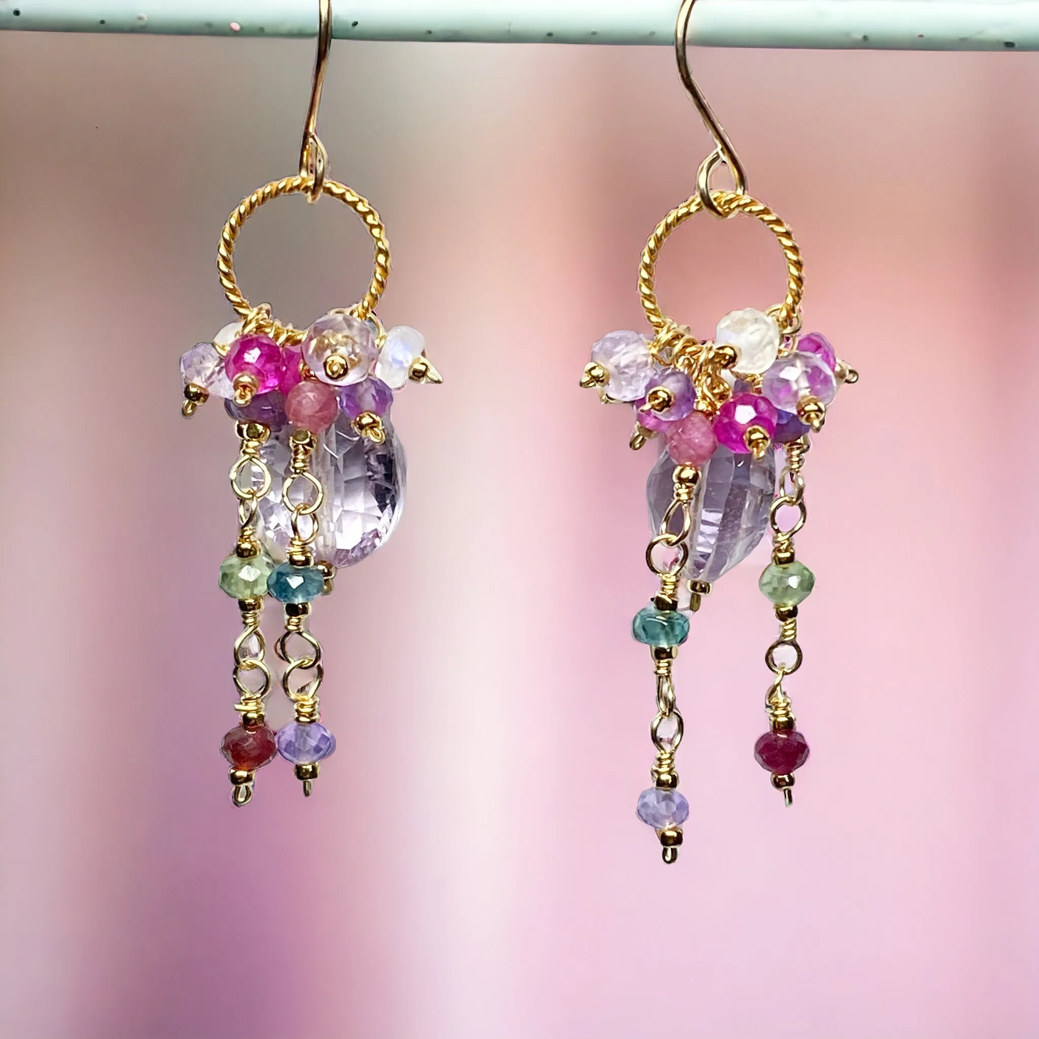 Pink Amethyst, Pink Quartz and Colorful Gem Dangle Earrings Gold Fill