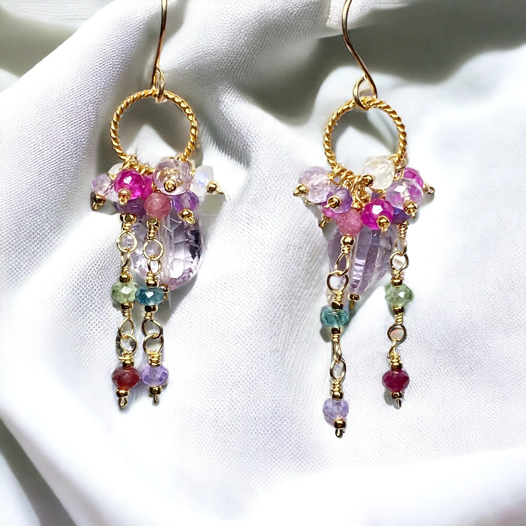 Pink Amethyst, Pink Quartz and Colorful Gem Dangle Earrings Gold Fill