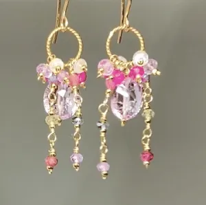 Pink Amethyst, Pink Quartz and Colorful Gem Dangle Earrings Gold Fill