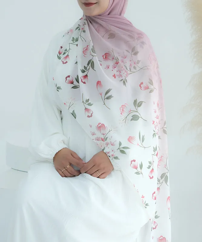 Pink Ombre Floral scarf rectangular hijab in chiffon premium quality