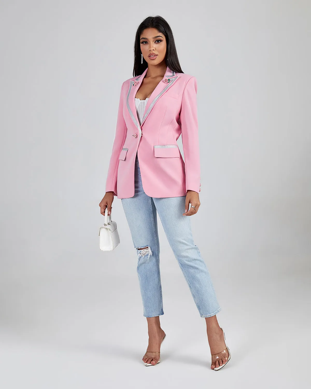 Pink Rose Detailed Single Buckle Blazer