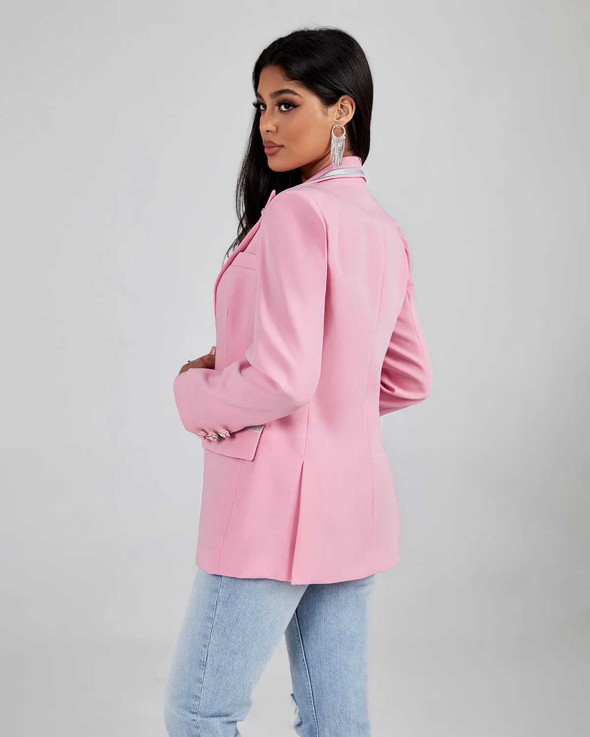 Pink Rose Detailed Single Buckle Blazer