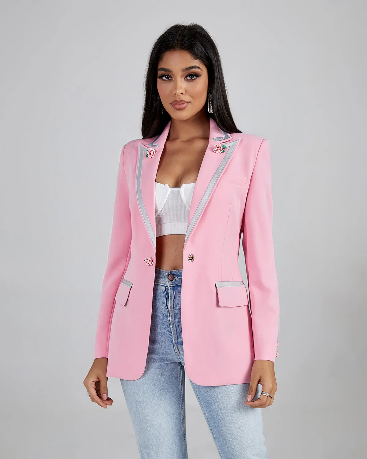 Pink Rose Detailed Single Buckle Blazer