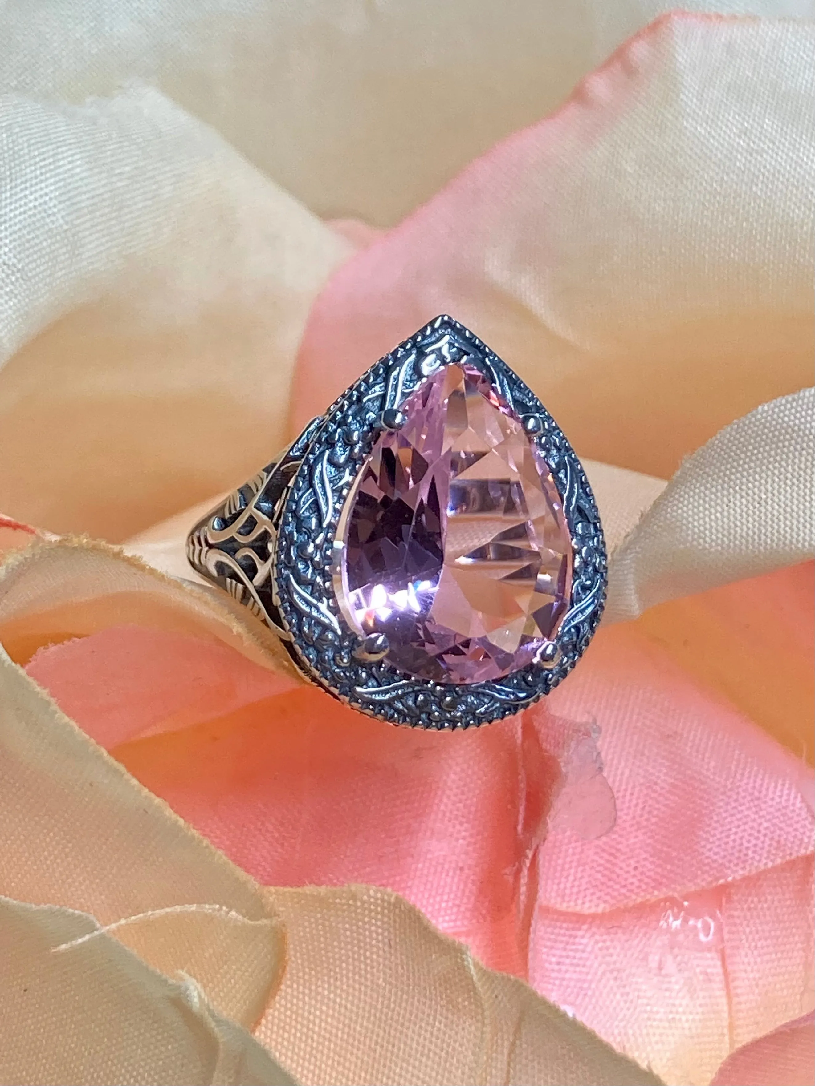 Pink Topaz Ring, Teardrop Gem, Victorian Jewelry Design#D28