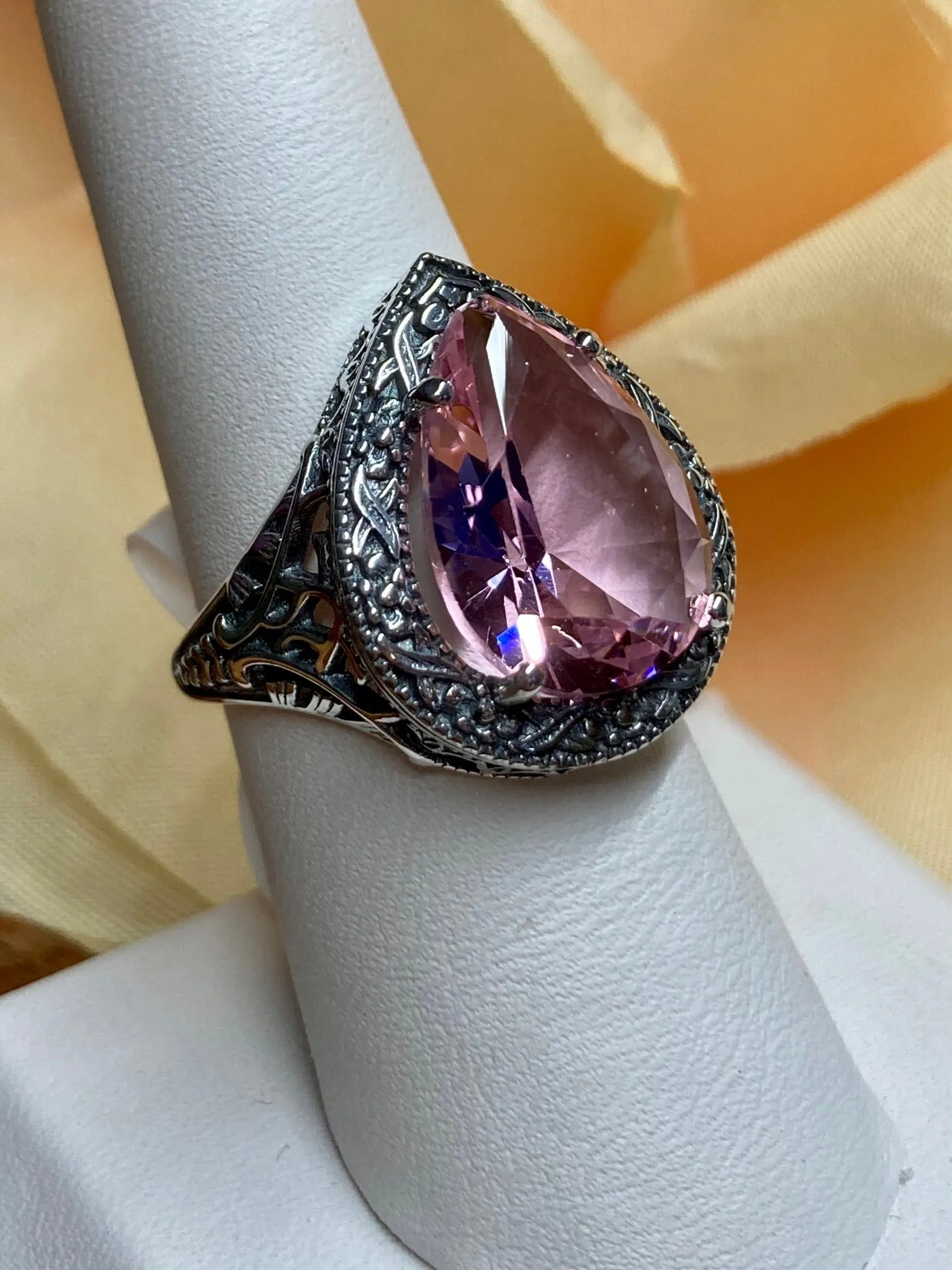 Pink Topaz Ring, Teardrop Gem, Victorian Jewelry Design#D28