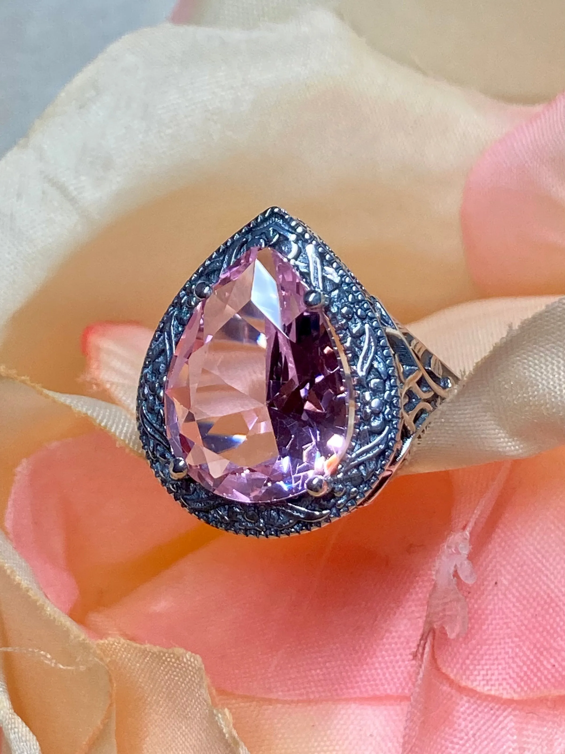 Pink Topaz Ring, Teardrop Gem, Victorian Jewelry Design#D28