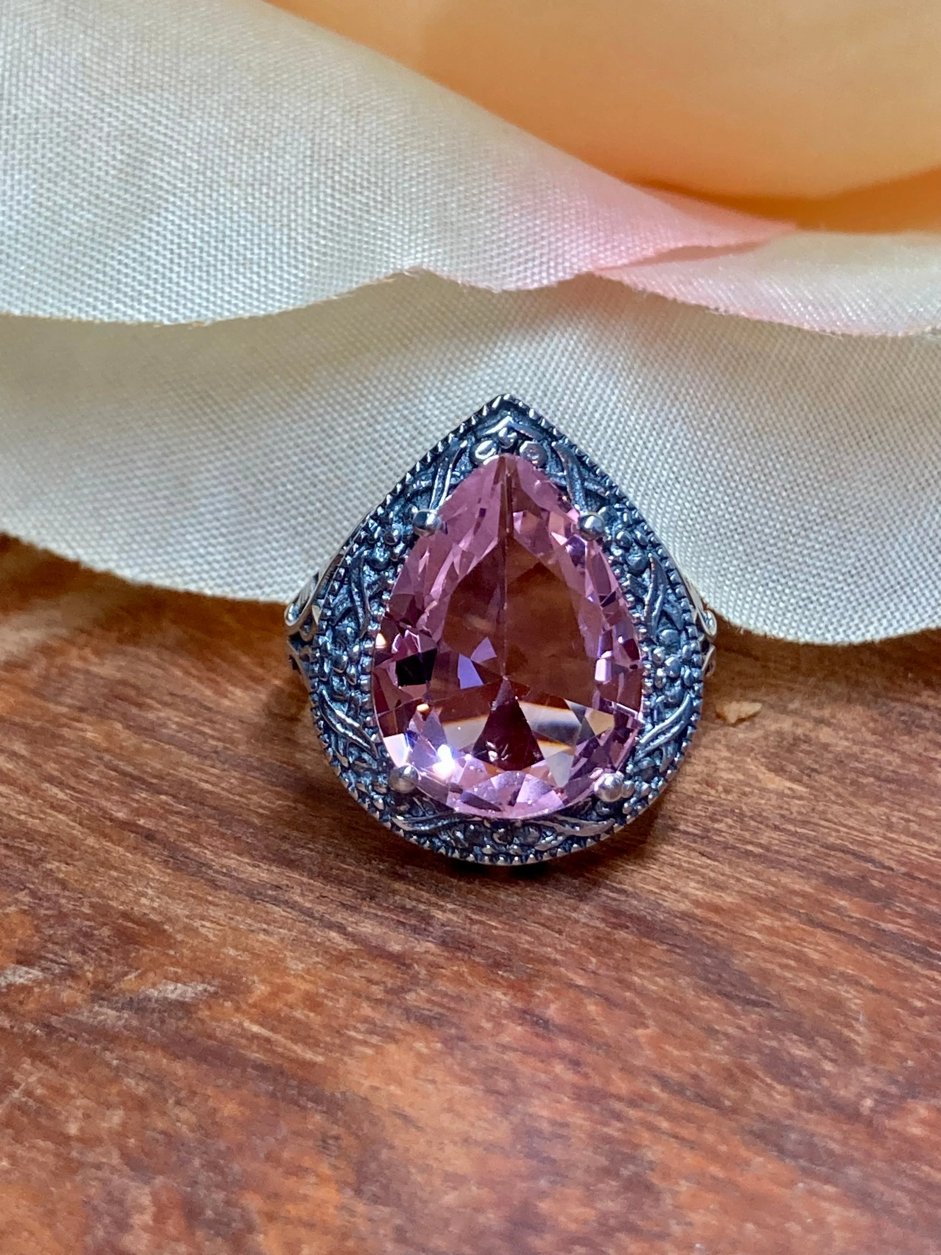 Pink Topaz Ring, Teardrop Gem, Victorian Jewelry Design#D28