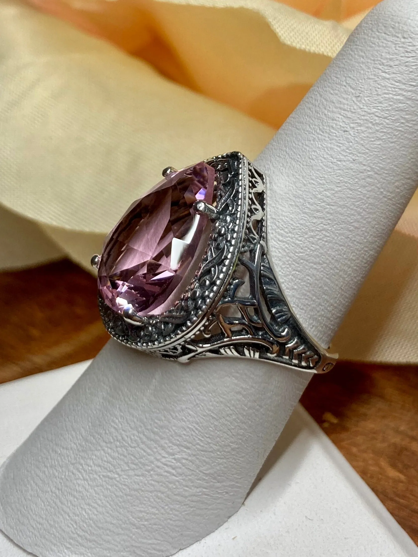 Pink Topaz Ring, Teardrop Gem, Victorian Jewelry Design#D28