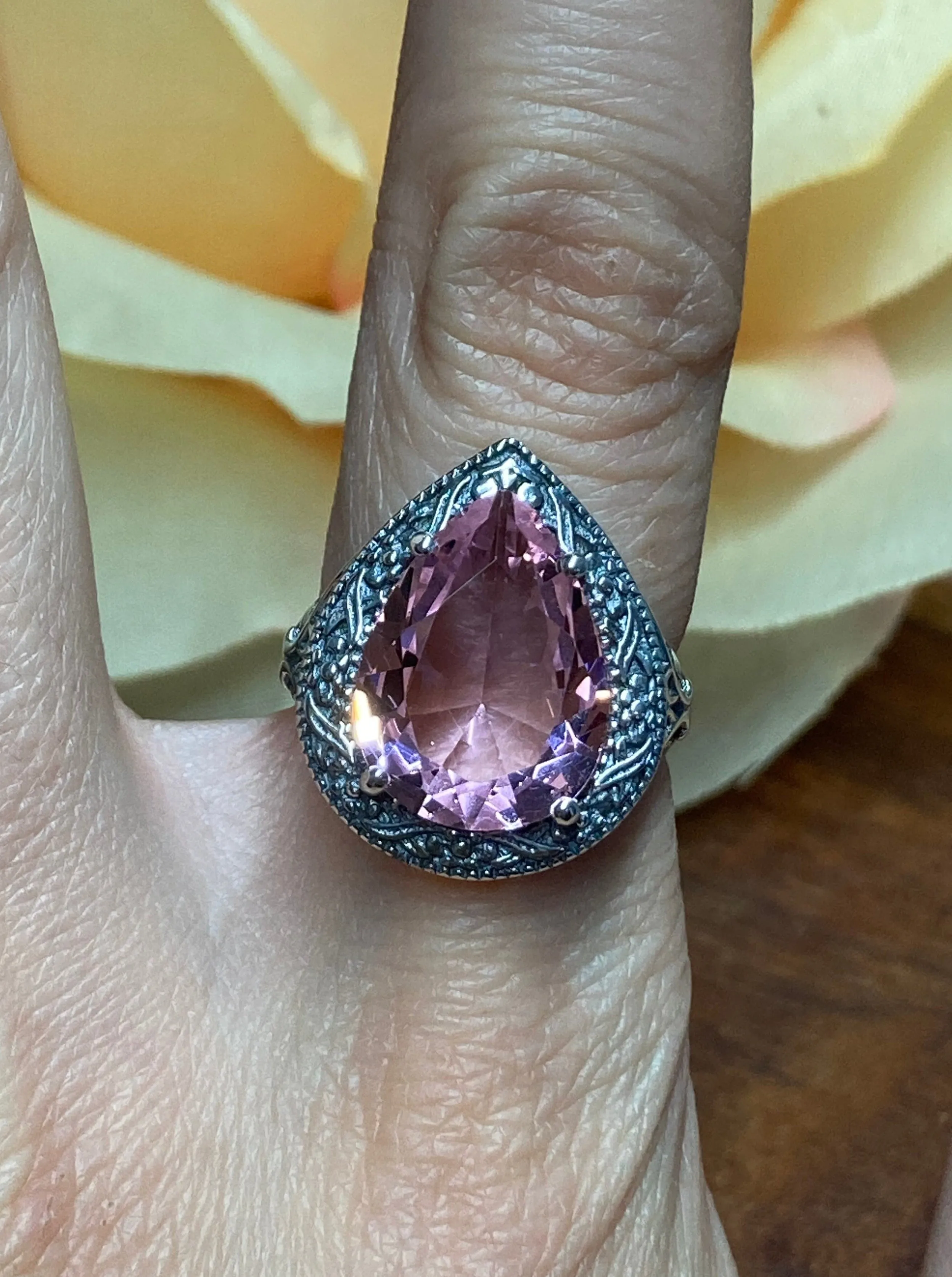 Pink Topaz Ring, Teardrop Gem, Victorian Jewelry Design#D28
