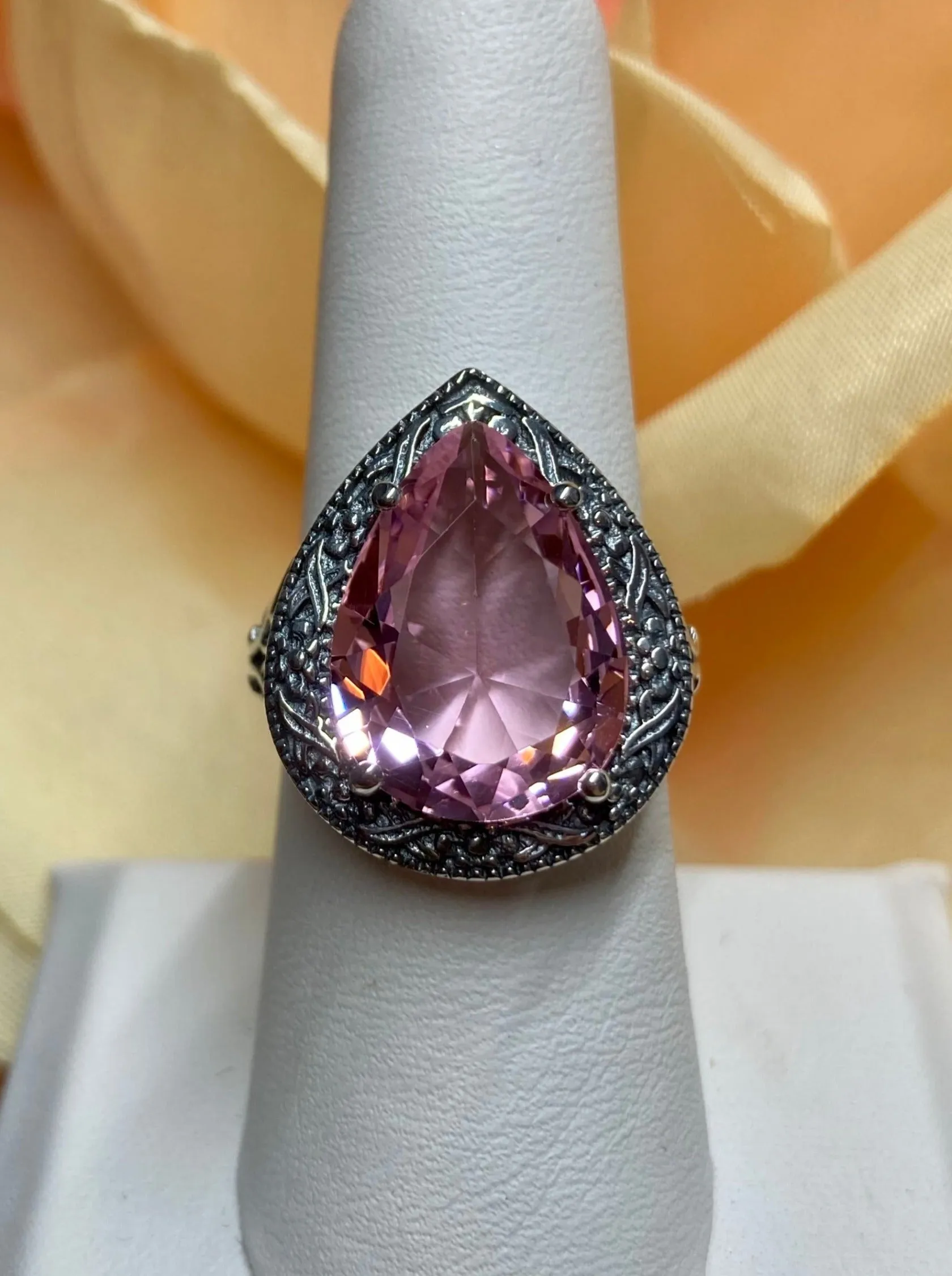 Pink Topaz Ring, Teardrop Gem, Victorian Jewelry Design#D28