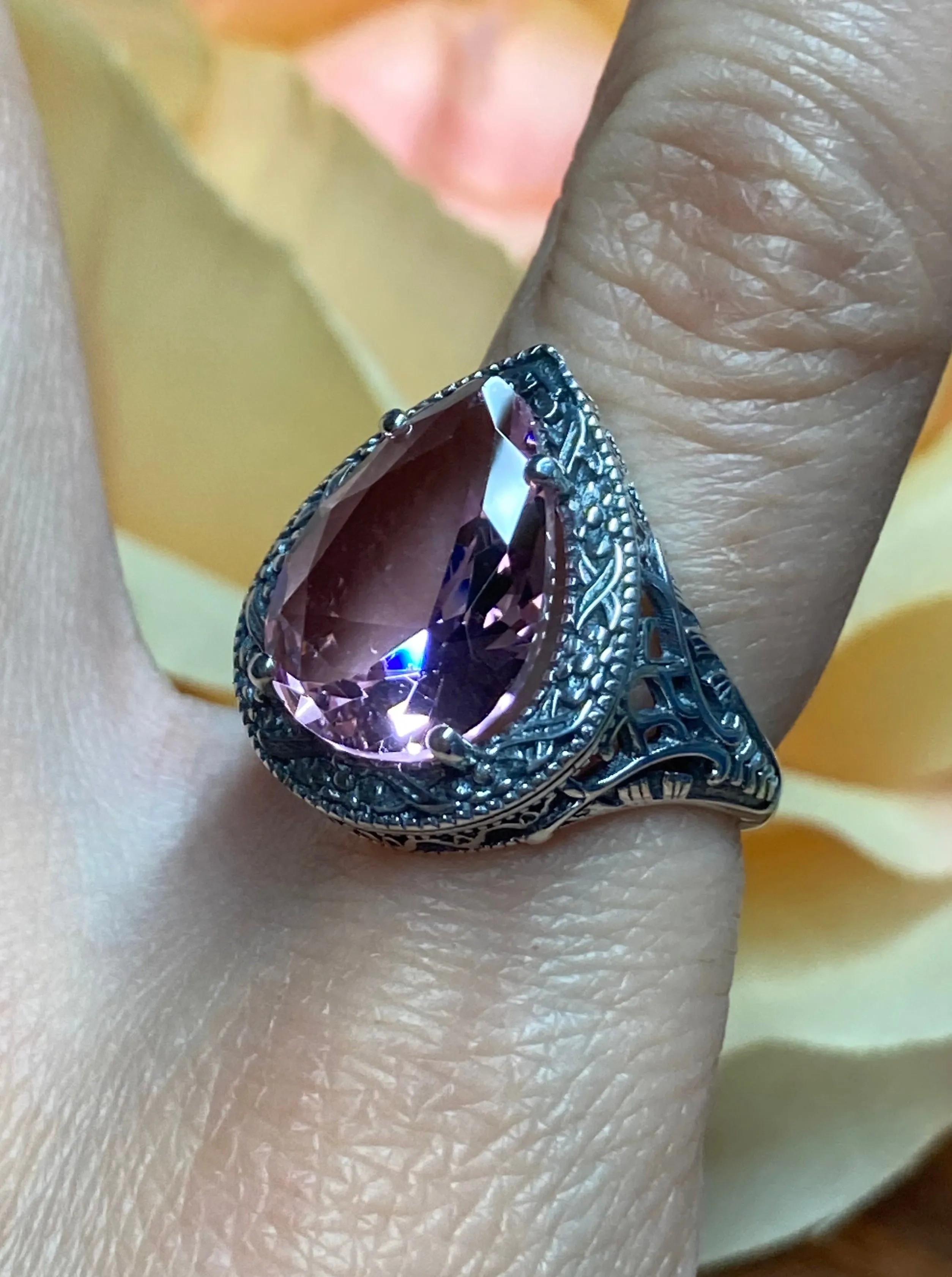 Pink Topaz Ring, Teardrop Gem, Victorian Jewelry Design#D28