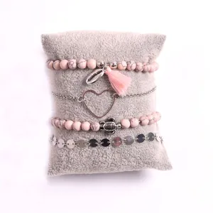 Pink Turquoise & Silver-Plated Beaded Stretch Bracelet Set