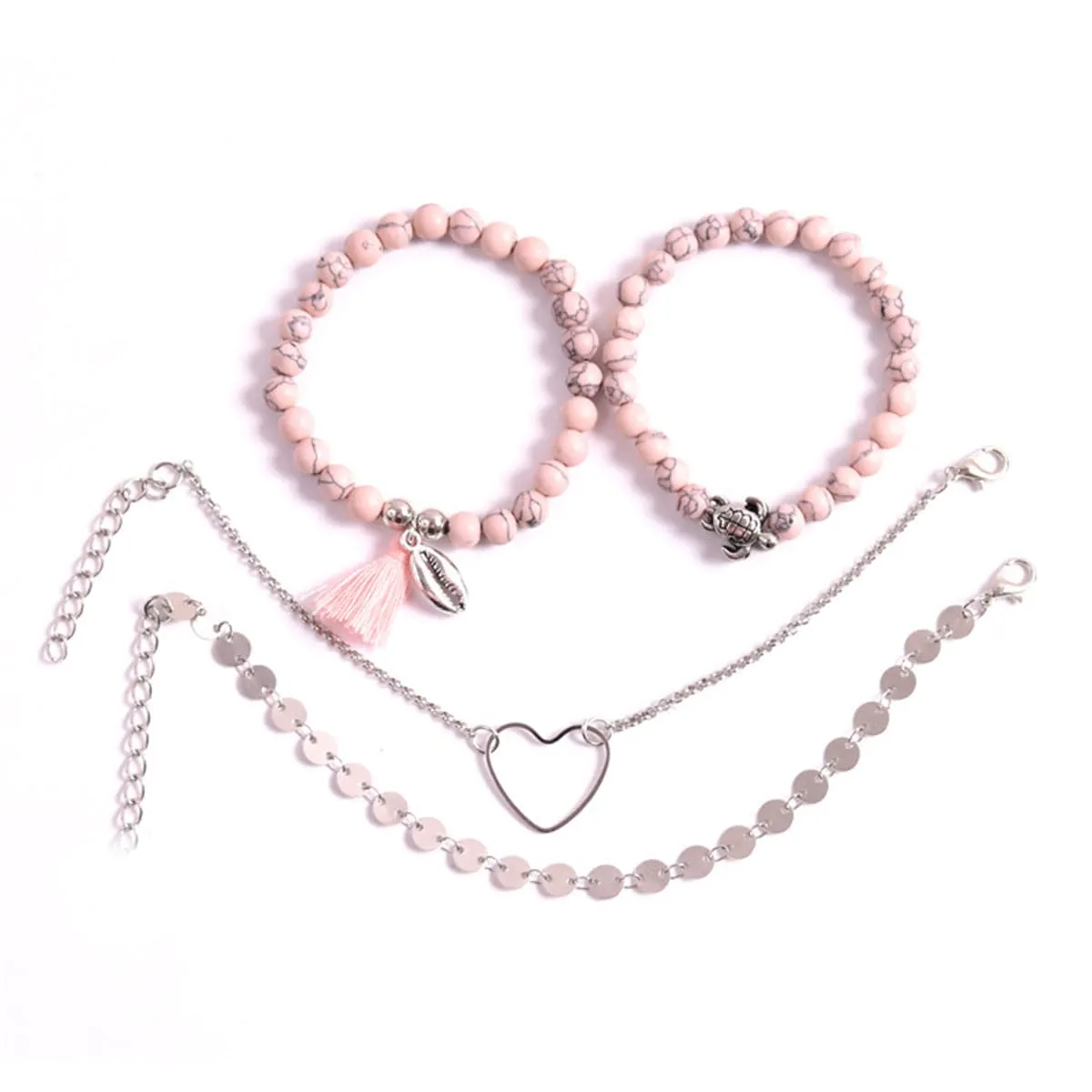Pink Turquoise & Silver-Plated Beaded Stretch Bracelet Set