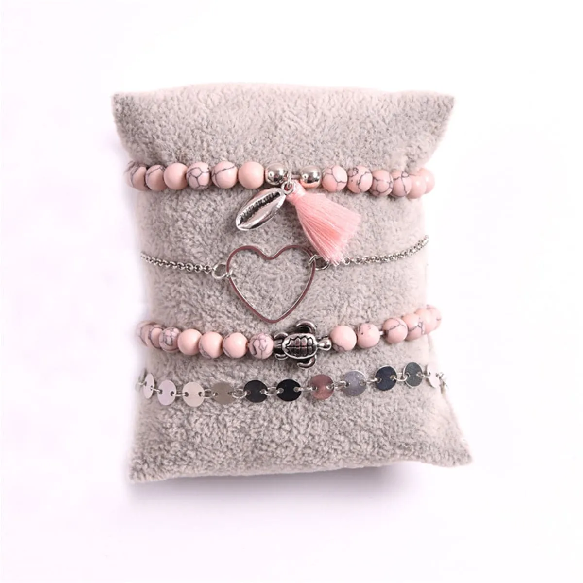 Pink Turquoise & Silver-Plated Beaded Stretch Bracelet Set
