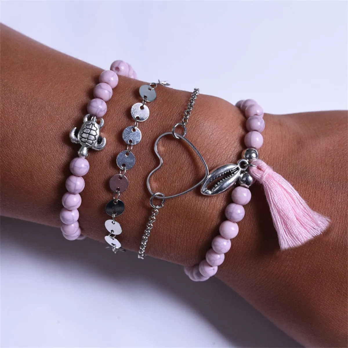 Pink Turquoise & Silver-Plated Beaded Stretch Bracelet Set
