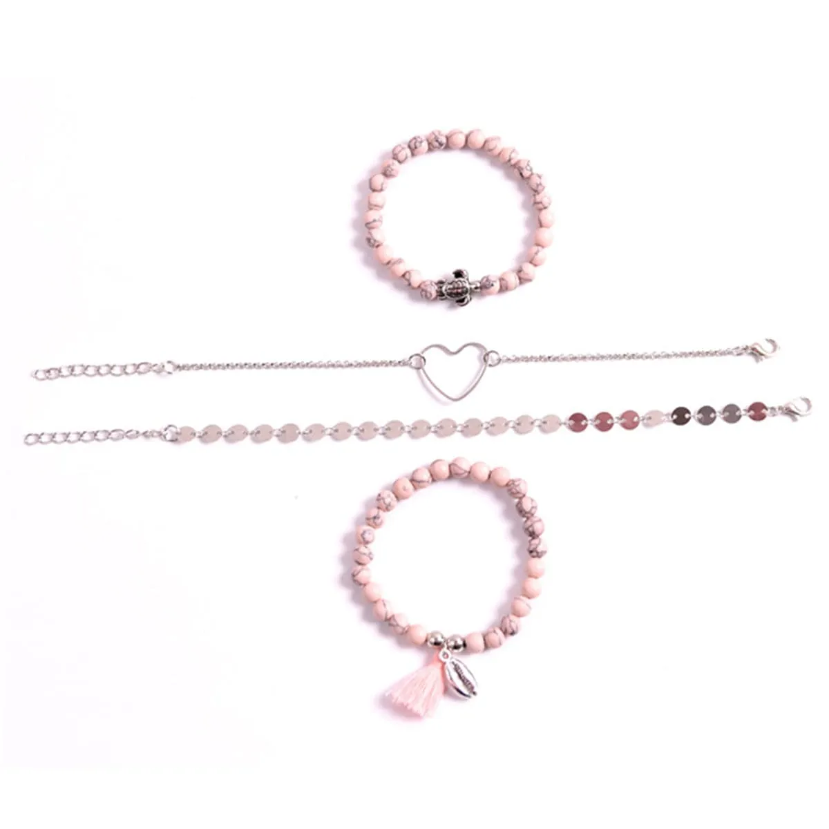 Pink Turquoise & Silver-Plated Beaded Stretch Bracelet Set