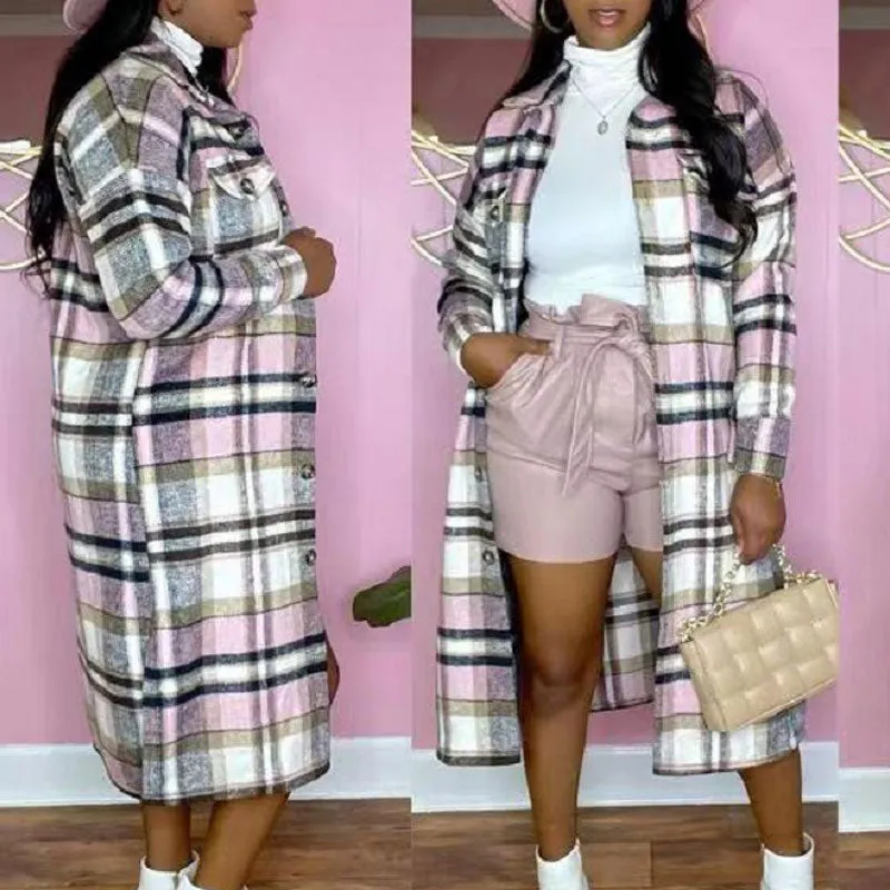 Plaid Pattern Long Sleeve Button Detailed Long Coat