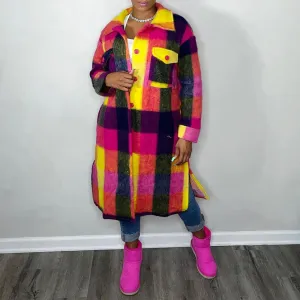 Plaid Pattern Long Sleeve Button Detailed Long Coat