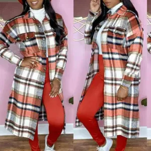 Plaid Pattern Long Sleeve Button Detailed Long Coat