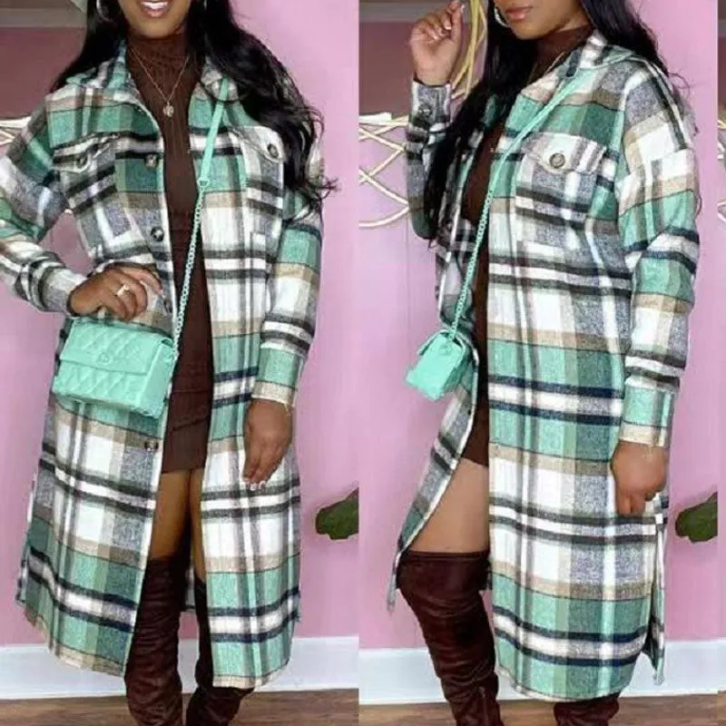 Plaid Pattern Long Sleeve Button Detailed Long Coat
