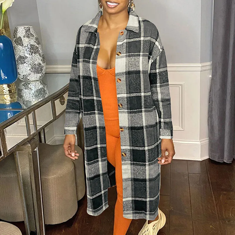 Plaid Pattern Long Sleeve Button Detailed Overcoat