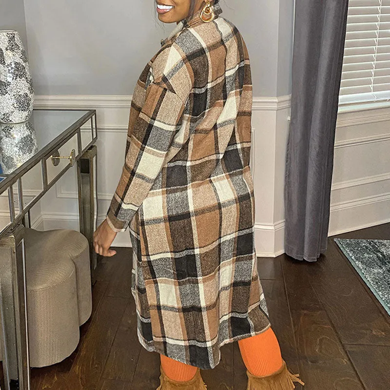 Plaid Pattern Long Sleeve Button Detailed Overcoat