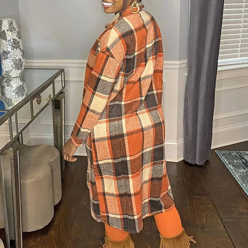 Plaid Pattern Long Sleeve Button Detailed Overcoat
