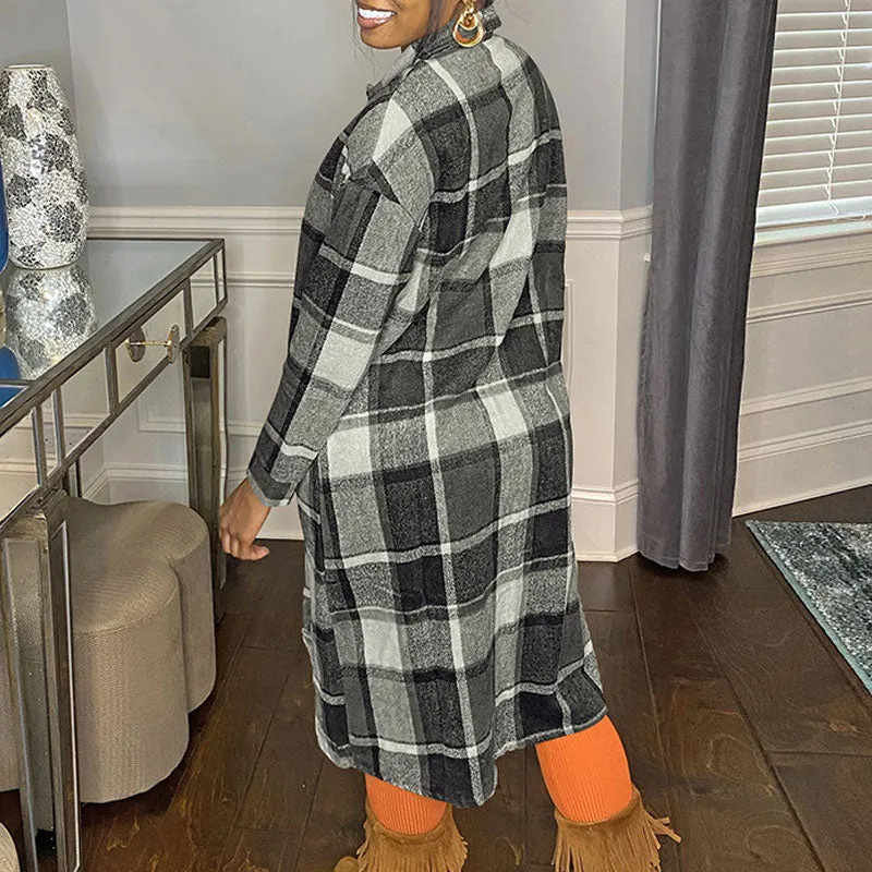 Plaid Pattern Long Sleeve Button Detailed Overcoat