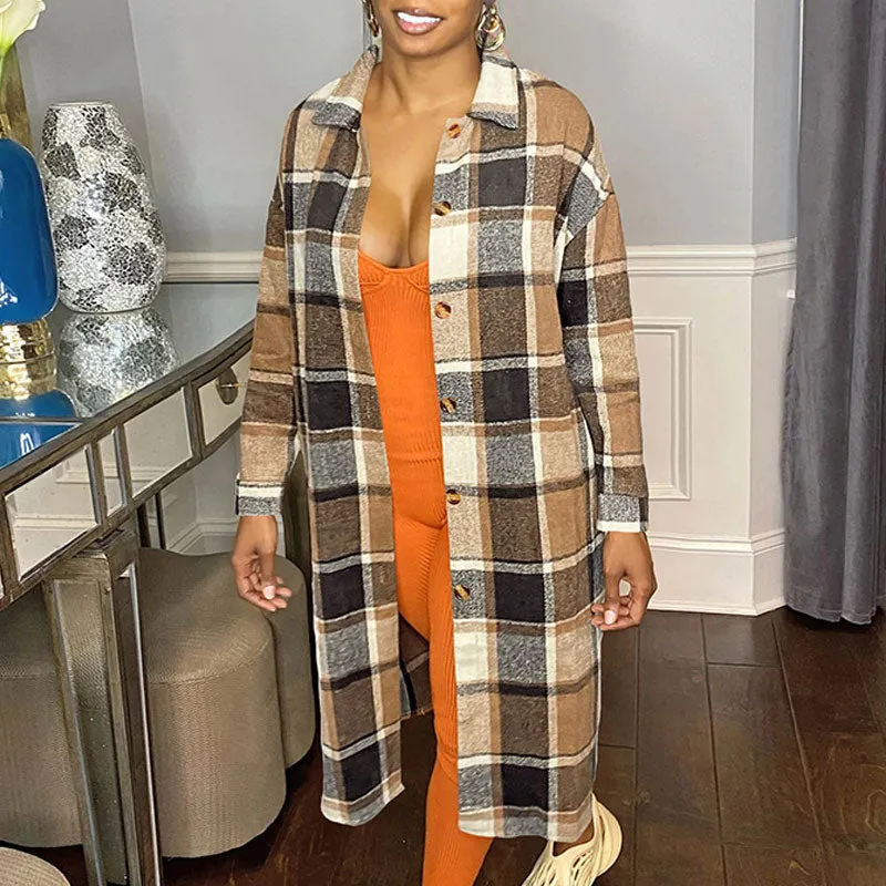 Plaid Pattern Long Sleeve Button Detailed Overcoat