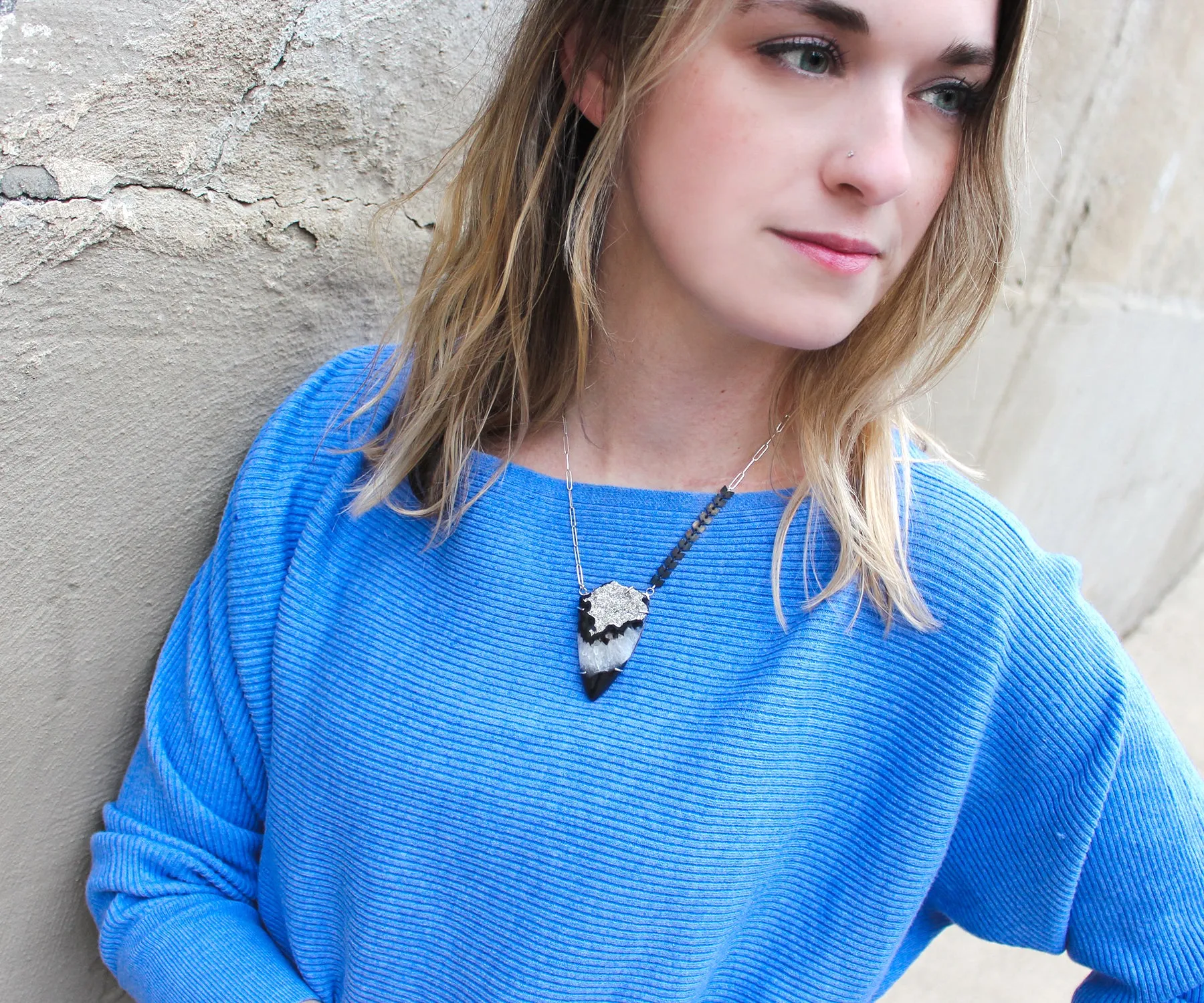 Platinum Druzy Offset Chevron Necklace