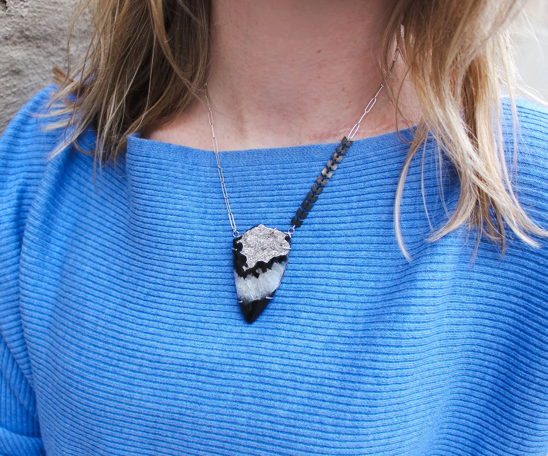 Platinum Druzy Offset Chevron Necklace