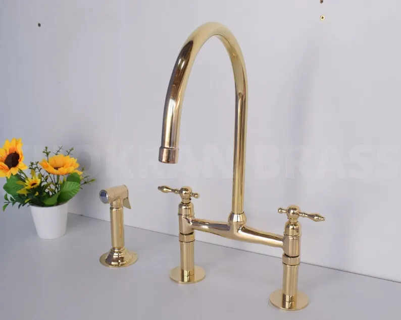 Premium Brass Bridge Kitchen Faucet with Lever Handles and Brass Sprayer - Unlacquered Finish