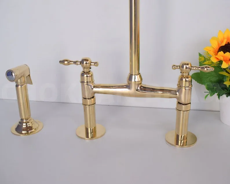 Premium Brass Bridge Kitchen Faucet with Lever Handles and Brass Sprayer - Unlacquered Finish