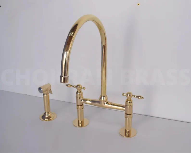 Premium Brass Bridge Kitchen Faucet with Lever Handles and Brass Sprayer - Unlacquered Finish