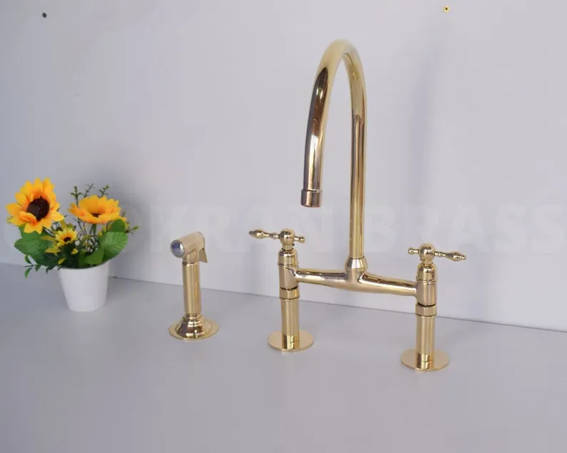 Premium Brass Bridge Kitchen Faucet with Lever Handles and Brass Sprayer - Unlacquered Finish