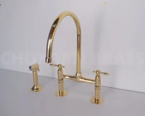 Premium Brass Bridge Kitchen Faucet with Lever Handles and Brass Sprayer - Unlacquered Finish