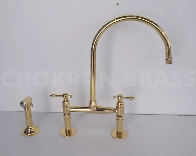 Premium Brass Bridge Kitchen Faucet with Lever Handles and Brass Sprayer - Unlacquered Finish