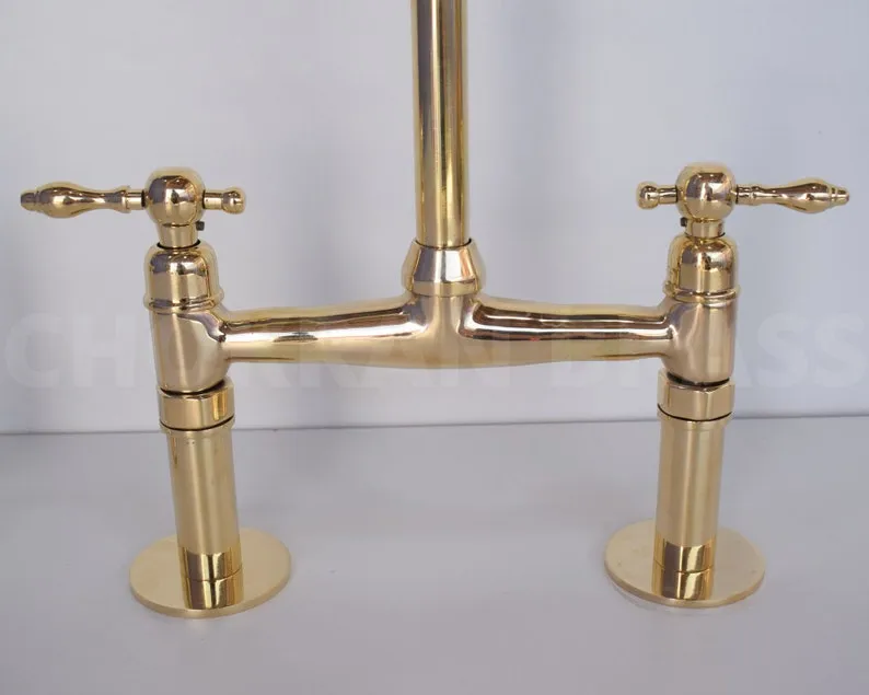 Premium Brass Bridge Kitchen Faucet with Lever Handles and Brass Sprayer - Unlacquered Finish