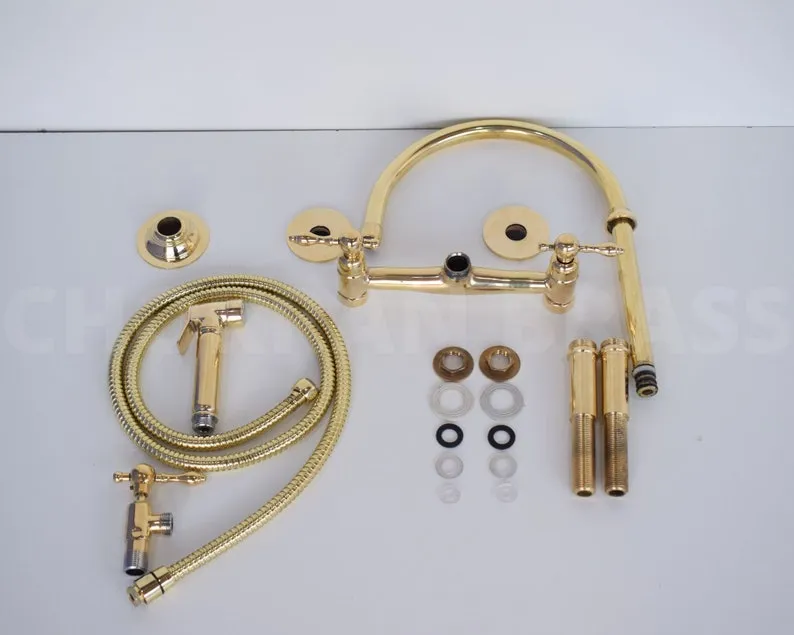 Premium Brass Bridge Kitchen Faucet with Lever Handles and Brass Sprayer - Unlacquered Finish