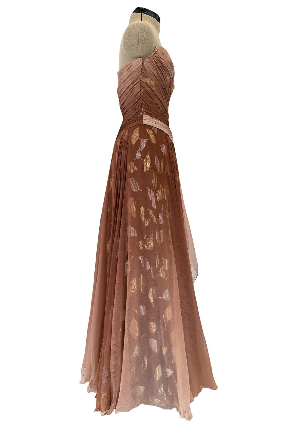 Prettiest Fall 1989 Bob Mackie Runway Silk Chiffon w Metallic Leaf Print Underlay Strapless Dress