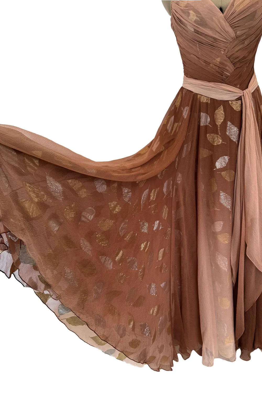 Prettiest Fall 1989 Bob Mackie Runway Silk Chiffon w Metallic Leaf Print Underlay Strapless Dress