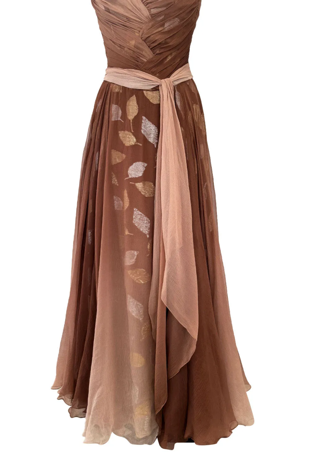 Prettiest Fall 1989 Bob Mackie Runway Silk Chiffon w Metallic Leaf Print Underlay Strapless Dress