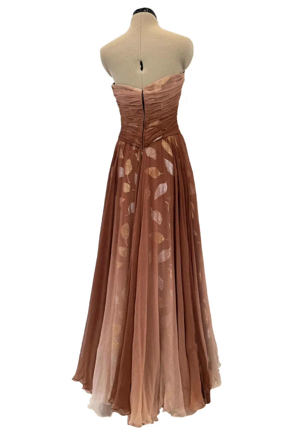 Prettiest Fall 1989 Bob Mackie Runway Silk Chiffon w Metallic Leaf Print Underlay Strapless Dress