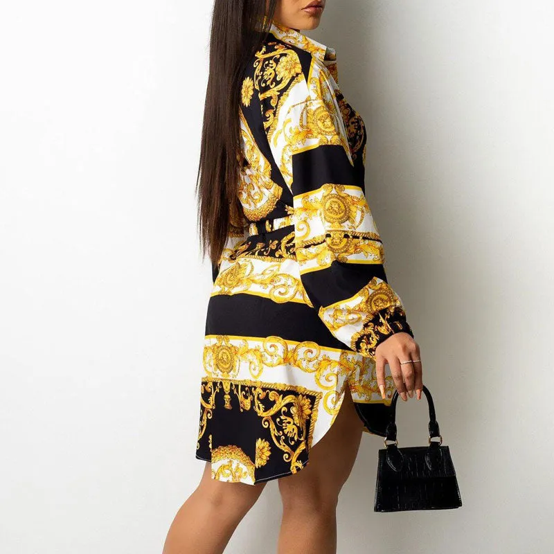 Print Long Sleeve Button Detailed Shirt Dress With Belt