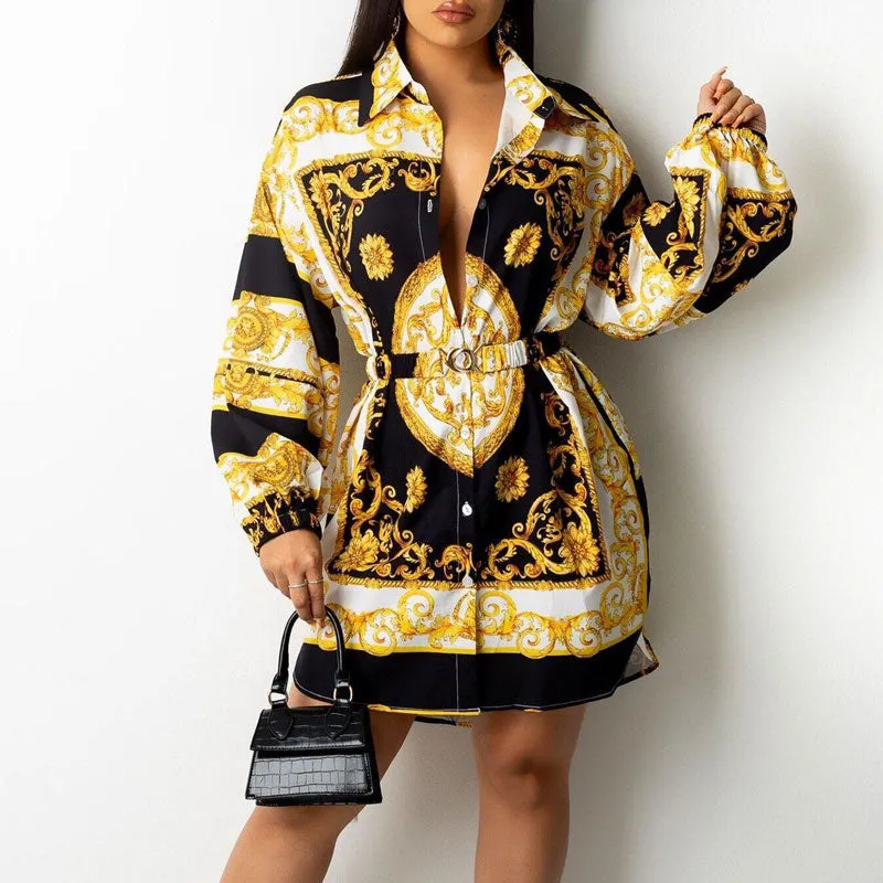 Print Long Sleeve Button Detailed Shirt Dress With Belt