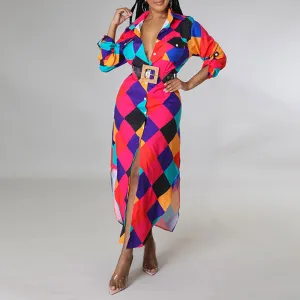Print Long Sleeve Button Detailed Shirt Dress